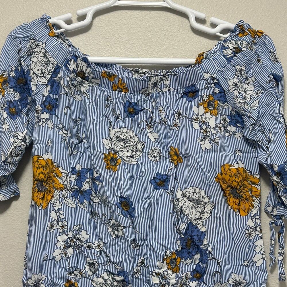 F&F Blouse Womens Size 10 Blue White Floral 3/4 Sleeve Mustard 3/4 tie cuffs